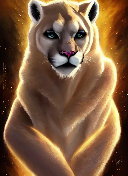 Prompt: award winning beautiful portrait commission of a male furry anthro albino mountain lion with a beautiful hyperdetailed attractive outfit and face wearing a golden and black rockstar outfit on a stage. Character design by charlie bowater, ross tran, and makoto shinkai, detailed, inked, western comic book art