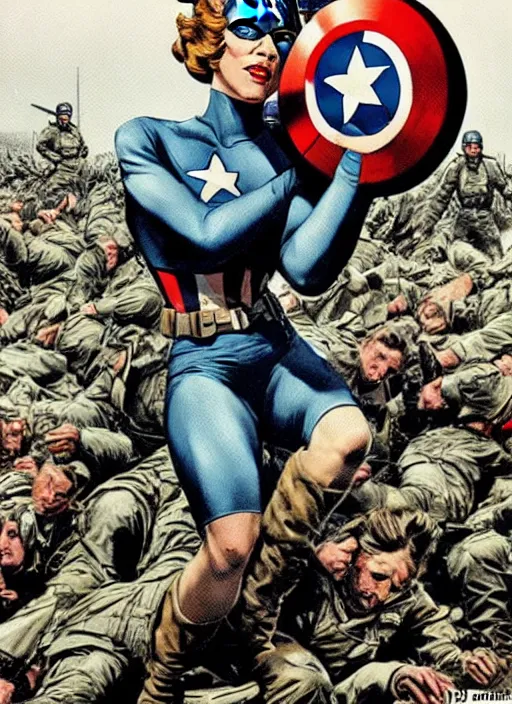 Image similar to beautiful female captain america standing on a pile of defeated german soldiers. feminist captain america wins wwii. american wwii propaganda poster by james gurney. gorgeous face. overwatch