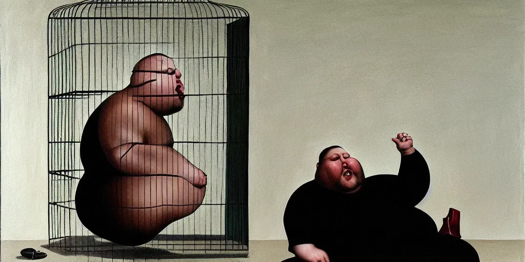 Prompt: a fat man trapped in a tiny cage, bulging and writhing in depressive agony detailed painting by painting by gottfried helnwein