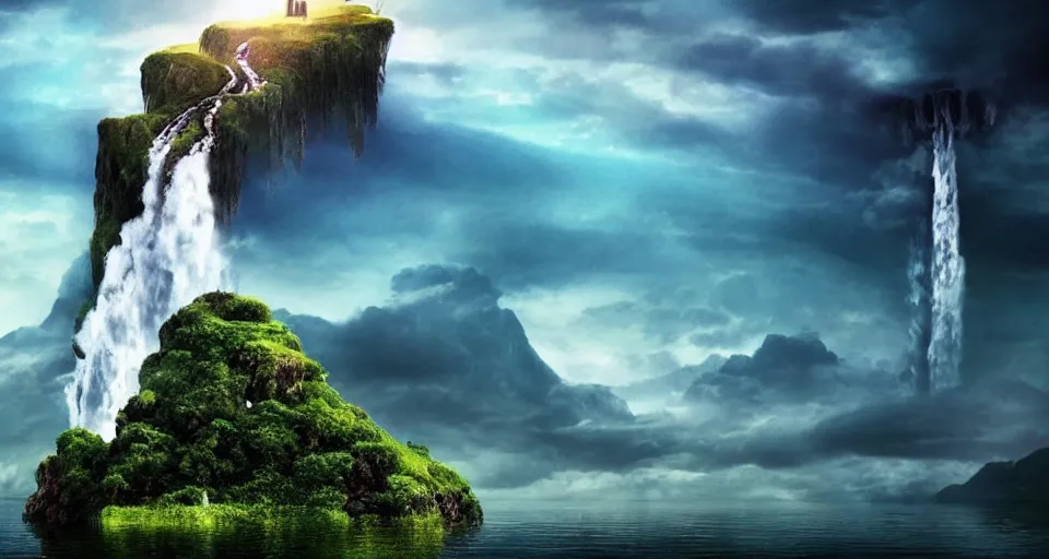 Image similar to A magnificent floating island in the sky above the sea, defying gravity, waterfall falling down, epic lighting, epic composition, cinematic, highly detailed