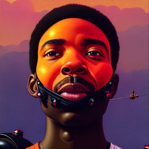 Prompt: a portrait of a black man :: side profile :: blood :: background sea :: intricate details :: futuristic oxygen mask :: 8k :: simon stalenhag and Sandra Chevrier