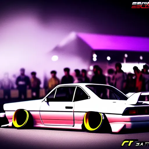 Image similar to a car S30 turbo drift at illegal car meet, Saitama prefecture, midnight mist lights, cinematic color, photorealistic, highly detailed wheels, highly detailed