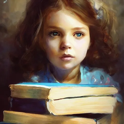 Prompt: a little girl with short curly light brown hair and blue eyes sitting in amidst tall piles of books. beautiful painting by raymond swanland and magali villanueve, beautiful detailed face.