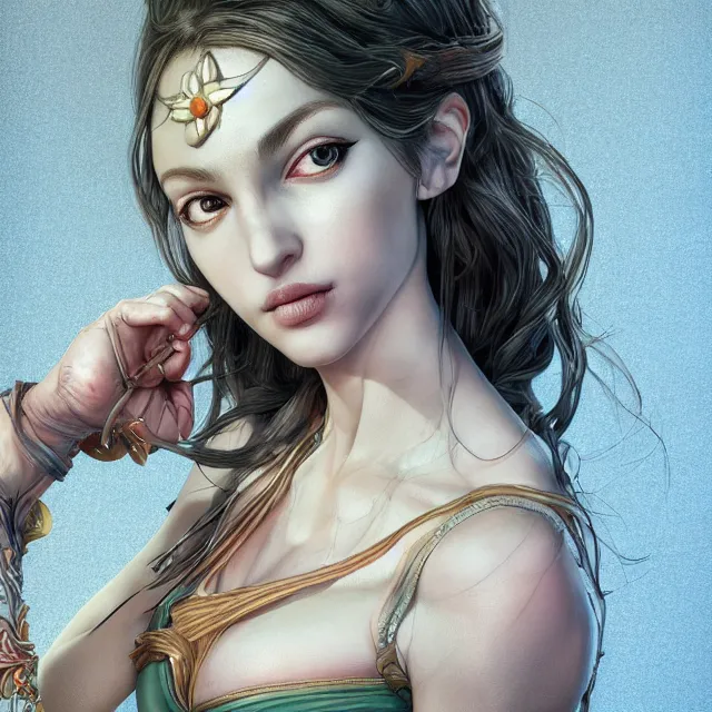 Image similar to studio portrait of neutral good colorful female cleric bard healer as absurdly beautiful, elegant, young sensual swimsuit model, ultrafine hyperrealistic detailed face illustration by kim jung gi, irakli nadar, intricate linework, sharp focus, bright colors, matte, octopath traveler, final fantasy, unreal engine highly rendered, global illumination, radiant light, intricate environment