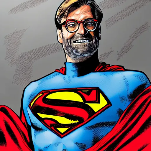 Image similar to Jürgen Klopp wearing a superman custom by Bryan Hitch, comic, dramatic, 4k, trending on artstation