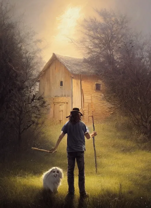 Prompt: highly detailed hyperrealistic painting of a blonde long - haired hillbilly standing in front of old rough house holding a stick, with his fluffy black and gray australian shepherd, bonfire, stephen bliss, art by greg rutkowski, loish, rhads, ferdinand knab, makoto shinkai and lois van baarle, tom bagshaw, global illumination, artstation