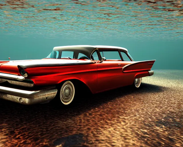 Image similar to red 1 9 5 8 plymouth fury submerged under water, cinematic, photoreal, by red dead redemption 2