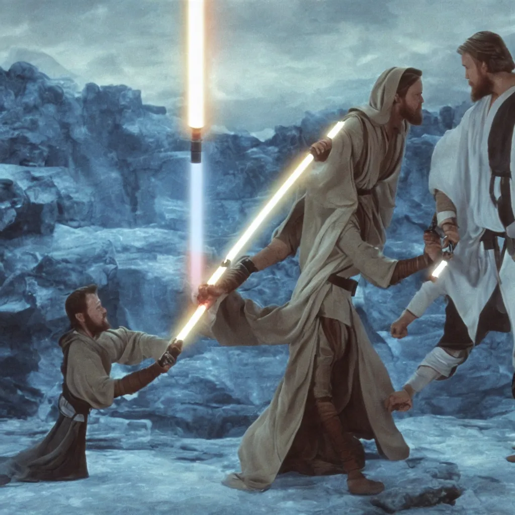 Prompt: [old obi wan kenobi] fights [young obi wan kenobi] in a lightsaber-duel, alien landscape in the background