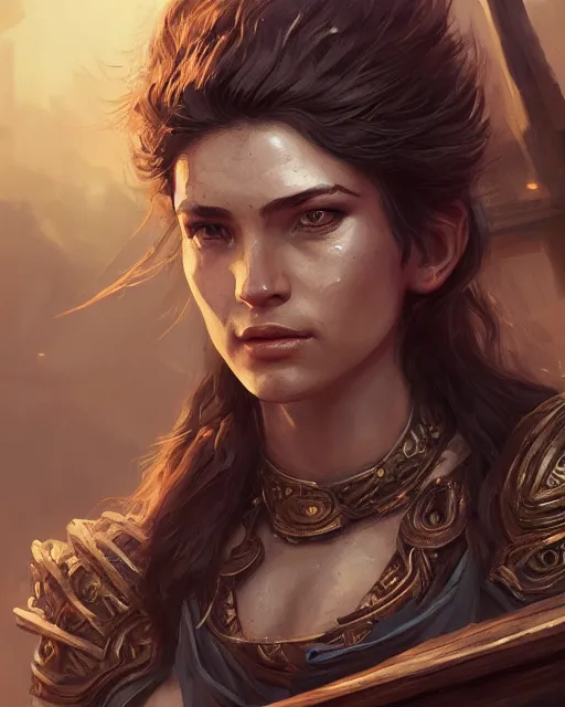 Image similar to A beautiful female warrior posing on a boat, beautiful face, highly detailed face, close-up, fantasy art, female art, in the style of greg rutkowski, illustration, epic, fantasy, intricate, hyper detailed, artstation, concept art, smooth, sharp focus, ray tracing
