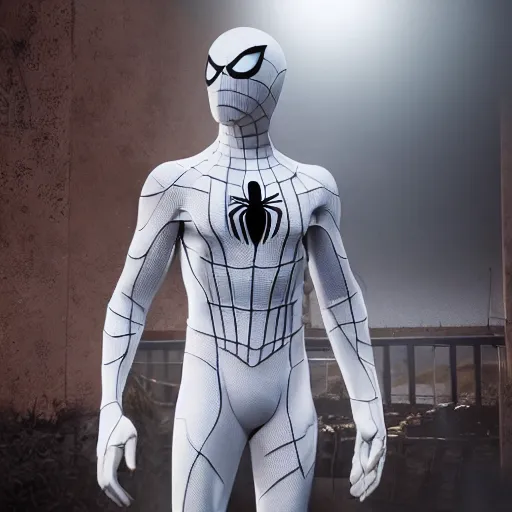 Image similar to white spider - man suit with black web lining, cinematic, volumetric lighting, realistic, hyperdetailed, photorealistic, photograph