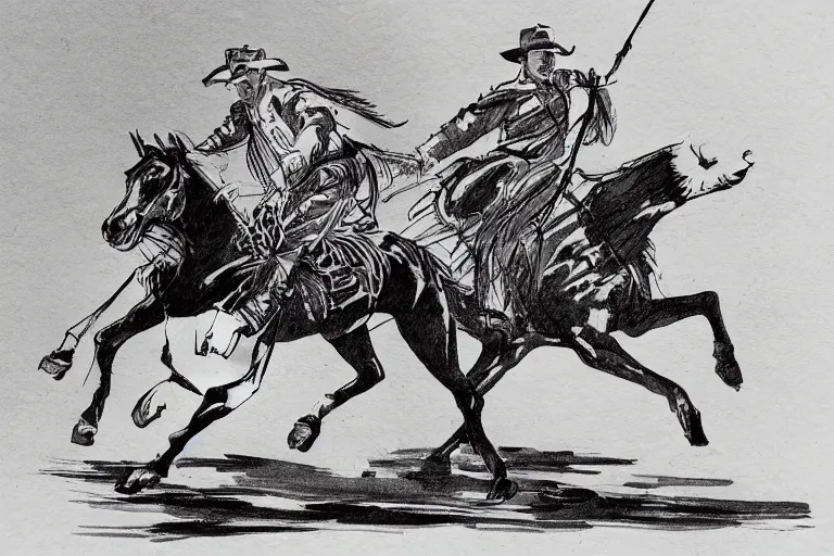 Prompt: Cowboy on a horse at a full gallop in the SW desert, beautiful line art, ink illustration, sketch, pure b&w