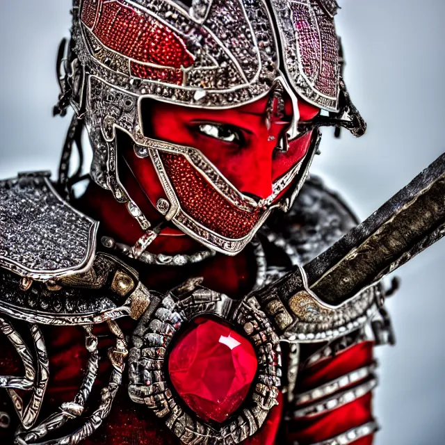 Image similar to photo of a beautiful! warrior with ruby encrusted armour, highly detailed, 8 k, hdr smooth, sharp focus, high resolution, award - winning photo, dslr, 5 0 mm