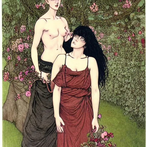 Prompt: stoic heroic emotionless blond butch tomboy woman, standing side by side with taller goth black - haired dark fae jennifer connelly, in love, romantic in romantic garden, mike mignogna, illustration, pen and ink, oil painting, highly detailed, mucha