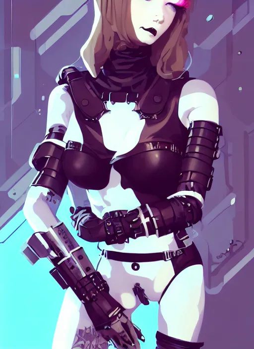 Image similar to portrait of cute goth girl in cyber bikini armor, face by ilya kuvshinov, warhammer, cyberpunk, by atey ghailan, by greg rutkowski, by greg tocchini, by james gilleard, by joe fenton, by kaethe butcher, dynamic lighting, gradient light blue, brown, blonde cream and white color in scheme, grunge aesthetic