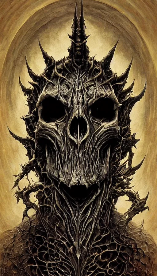 Prompt: Lord of the Rings and Doom themed painting of horrifying malicious symmetrical skull face of Sauron mask pattern concept, infinity glyph, intricate artwork by, Johnatan Wayshak, Zdizslaw Beksinski, Ayami Kojima, Amano, Karol Bak, Greg Hildebrandt, and Mark Brooks, Neo-Gothic, gothic, rich deep colors, art by Takato Yamamoto, masterpiece, face by Artgerm, H.R. Giger, very coherent artwork, cinematic, hyper realism, high detail, octane render, unreal engine, 8k, High contrast, golden ratio, trending on cgsociety, ultra high quality model, production quality cinema model