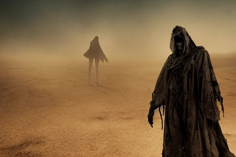 Image similar to a shadowy figure in tattered robes sees another figure in the distance, in an alien desert during a sandstorm ; tension, creepy mood, uneasy atmosphere, weird fiction art, breathtaking digital illustration, cinematic lighting, striking perspective, aesthetic composition, trending on artstation