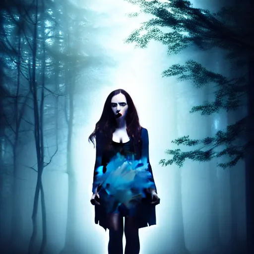 Image similar to Riveting Charismatic brunette female vampire, portrait, atmospheric lighting, painted, intricate, Highgate cemetery, mist, cold, volumetric lighting, beautiful, blue moon light, sharp focus, deep colours, ultra detailed, by Leesha Hannigan, Ross Tran, Thierry Doizon, Kai Carpenter, Ignacio Fernández Ríos