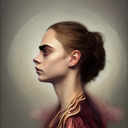Image similar to portrait of cara delevingne intrincate, highly detailed, dim volumetric lighting, 8k,octane,post-processing,digital painting, trending on artstation, concept art, smooth, sharp focus, illustration,by Tom Bagshaw and Daniel Gerhartz and Albert Aublet and Lawrence Alma-Tadema and alphonse mucha