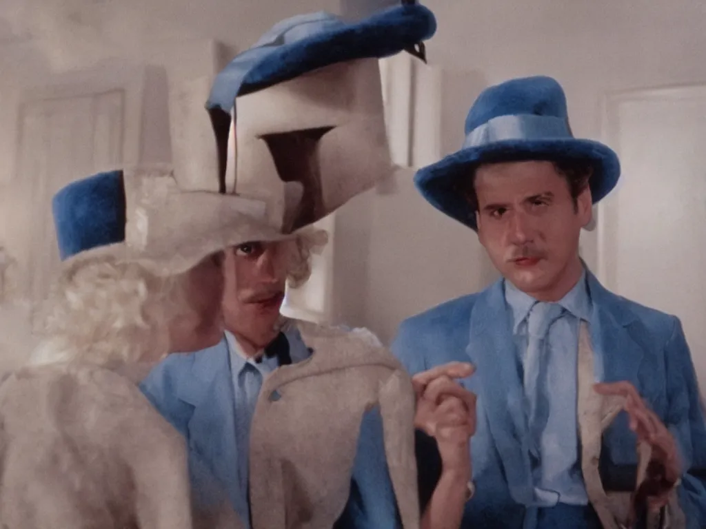 Image similar to Film Still of Mario in a hat in David Lynch's Blue Velvet film aesthetic!!!