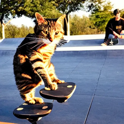 Image similar to a skateboarding cat performing a trick at the skatepark