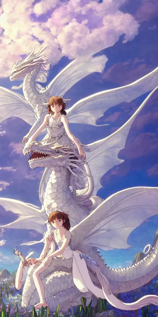 Prompt: the beautiful hyper detailed scene render that a beautiful princess sitting on the back of a huge silver white dragon alone in the fairyland surrounded by white clouds, finely detailed angelic face delicate features, style of studio ghibli, makoto shinkai, raphael lacoste, louis comfort tiffany, artgerm, james jean, ross tran, animation style, hd, ultra wide angle