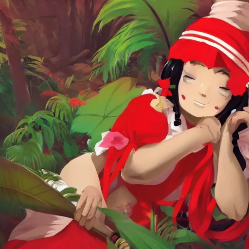 Image similar to a james gilleard of reimu in the jungle wearing bonnet