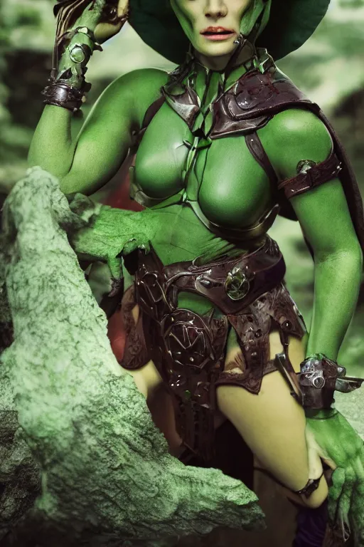 Image similar to a green-skinned female DND verdan, high resolution film still, 8k, HDR colors, cosplay, studio lighting, photo by bruce weber