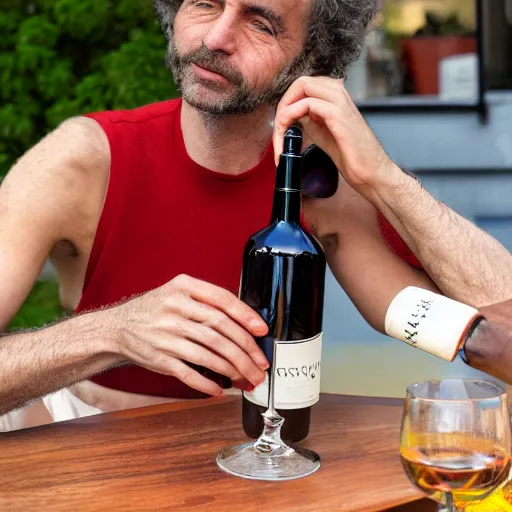 Image similar to photograph of a frenchman seated at a table with a bottle of wine in 2 0 2 0. colorful, award winning photography, 5 0 mm, extremely detailed face