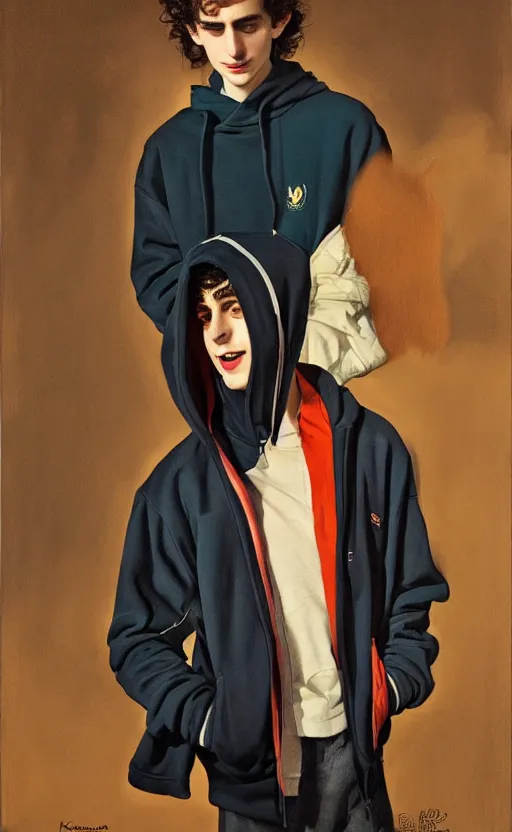 Image similar to Timothee Chalamet wearing hoodie, night time, looking at his reflection, +++ super super super dynamic posing, j.c. leyendecker, Valentina Remenar, kodachrome, thick eyebrows, super serious facial expression