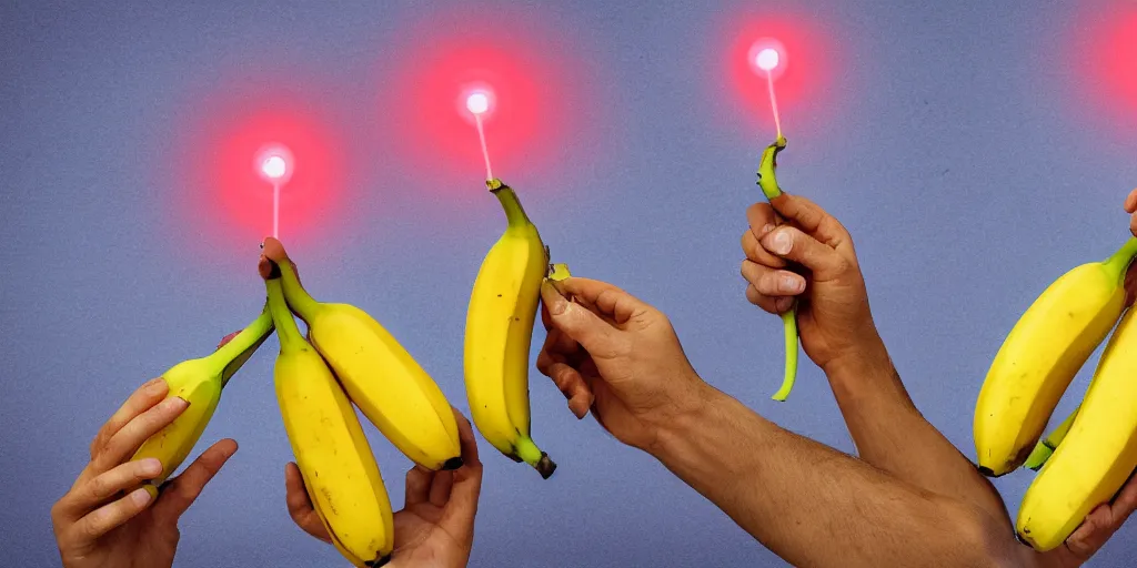 Image similar to two hands, each holding two bananas, each touching a banana on top, then touching a banana on bottom. each banana has a yellow light on top. the bananas are yellow, and there is a red light as the color of bananas, fantasy art, artstation, trending, ultra detailed, emotional