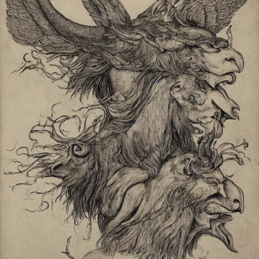 Image similar to human / eagle / lion / ox hybrid with two horns, one beak, mane and human body. drawn by da vinci