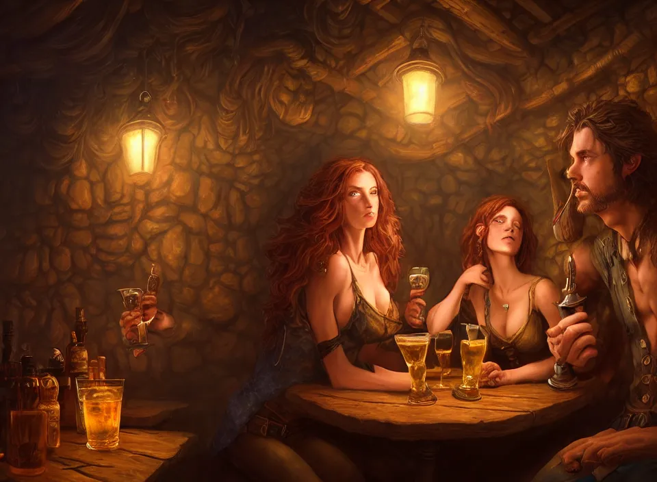 Prompt: a beautiful adventuring drinking couple, man and woman, dimly-lit cozy tavern, relaxed pose, fantasy art, detailed painterly digital art style by Julie Bell, d&d vibe, 🍸, 8k octane beautifully detailed render, post-processing, extremely hyperdetailed, intricate, epic composition, grim yet sparkling atmosphere, cinematic lighting + masterpiece, trending on artstation, very detailed, vibrant colors