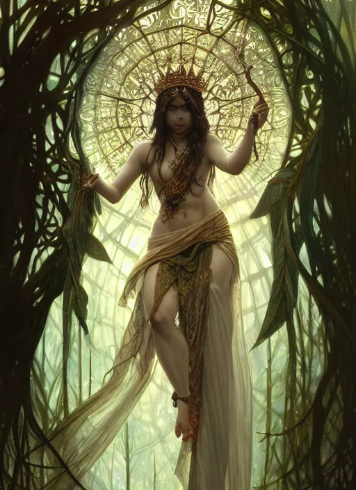 Image similar to kuntilanak on tree, d & d, wet, shiny, fantasy, intricate, elegant, higly detailed, dramatically art, ultra definition, digital painting, artstation, concept art, smooth, sharp focus, illustration, art by artgerm and greg rutkowski and alphonse mucha and garis edelweiss