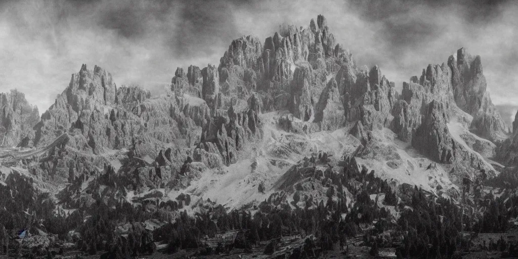 Image similar to 1920s photography of huge bonfire, dolomites in the background, occult signs, fire, alp, dolomites, alpine, detailed intricate insanely detailed octane render, 8k artistic 1920s photography, photorealistic, black and white, chiaroscuro, hd, by David Cronenberg, Raphael, Caravaggio