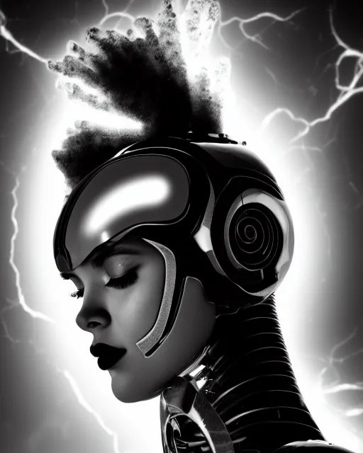 Image similar to a black and white photo of a divine young feminine cyborg, halo, photorealistic, artistic, poetic, 8 k,