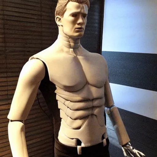 Image similar to “a realistic detailed photo of a guy who is an attractive humanoid who is half robot and half humanoid, who is a male android, Chris Evans, shiny skin, posing like a statue, blank stare”