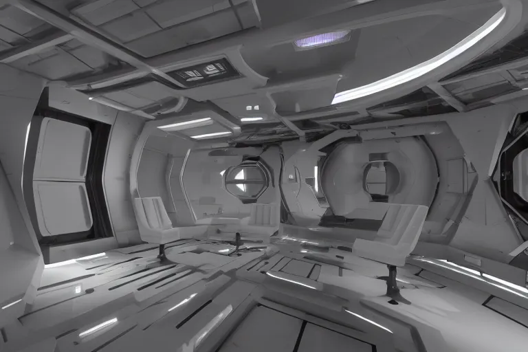 Image similar to interior of a space ship with cryogenic pods, volumetric lighting, atmospheric