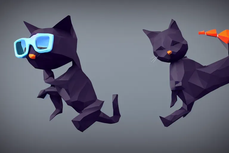 Image similar to a cat dressed as a scuba diver swimming underwater, low poly, render, blender, low polygon, creepy, vast,