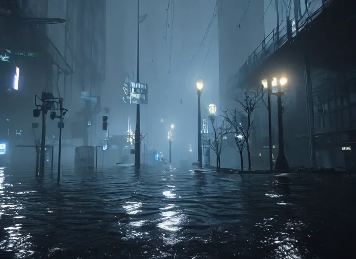 Image similar to dark, misty, foggy, flooded, new york city swamp street in destiny 2, rain, liminal, dark, dystopian, large creatures in distance, abandoned, highly detailed 4 k 6 0 fps in - game destiny 2 gameplay screenshot leak