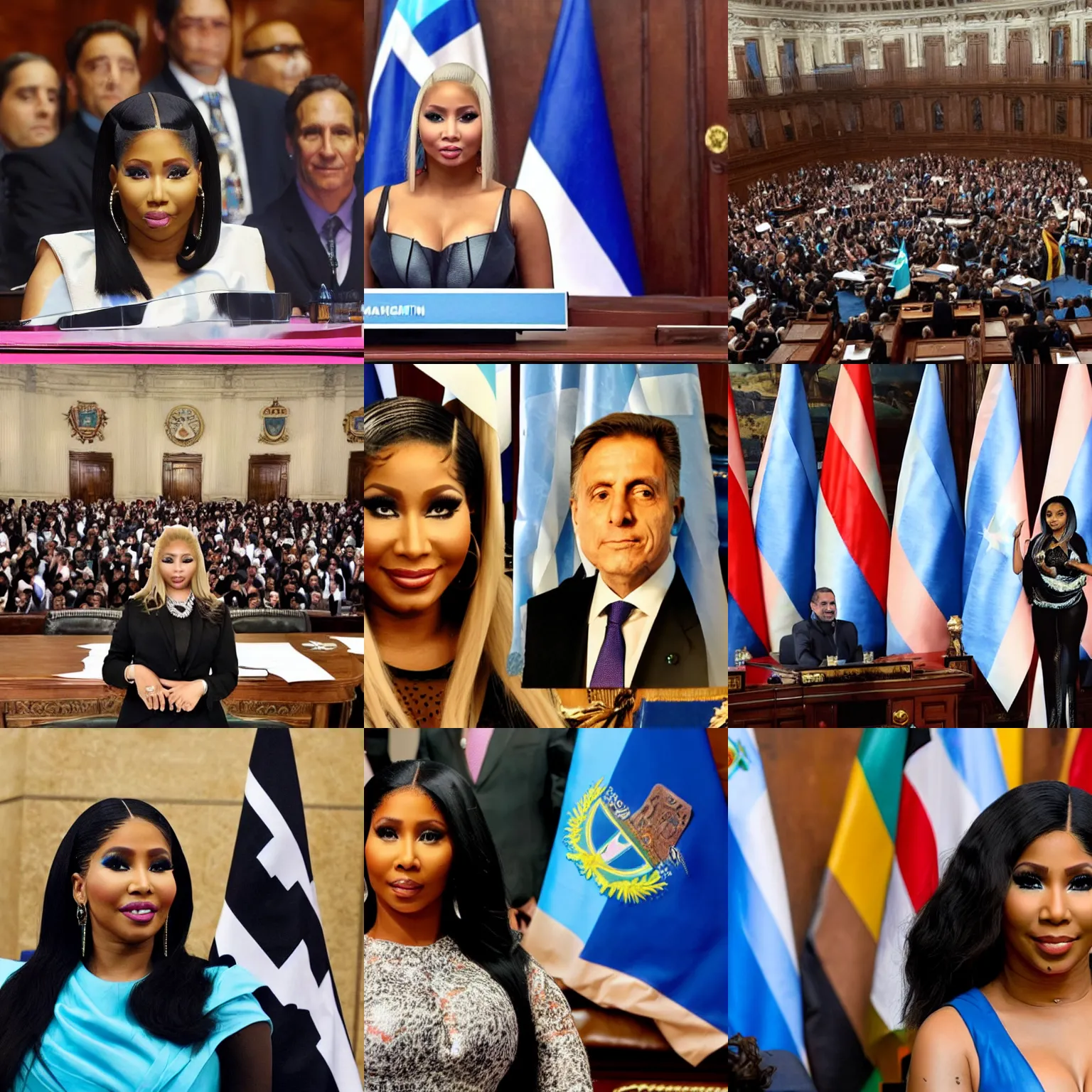 Image similar to Nicki Minaj president of Argentina, in the Argentine Congress, flags of Argentina behind, detailed picture