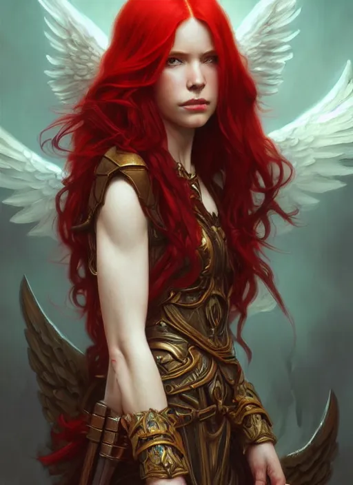 Image similar to a beautiful red haired woman as the angel of death, deep focus, d & d, fantasy, intricate, elegant, highly detailed, digital painting, artstation, concept art, matte, sharp focus, illustration, hearthstone, art by artgerm and greg rutkowski and alphonse mucha