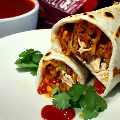 Image similar to a still of the Spiciest chicken burrito with ghost peppers and fire sauce, hd