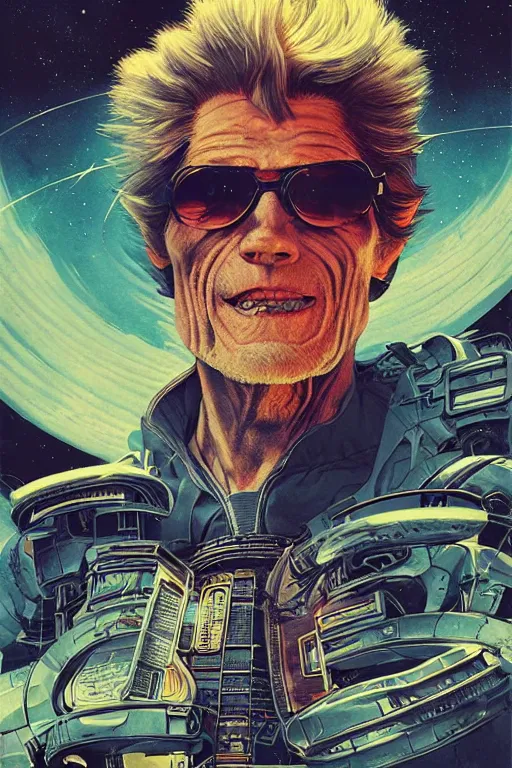 Prompt: Willem Dafoe as Rick Sanchez, science fiction, retro cover, high details, intricate details, by vincent di fate, artgerm julie bell beeple, inking, vintage 60s print, screen print