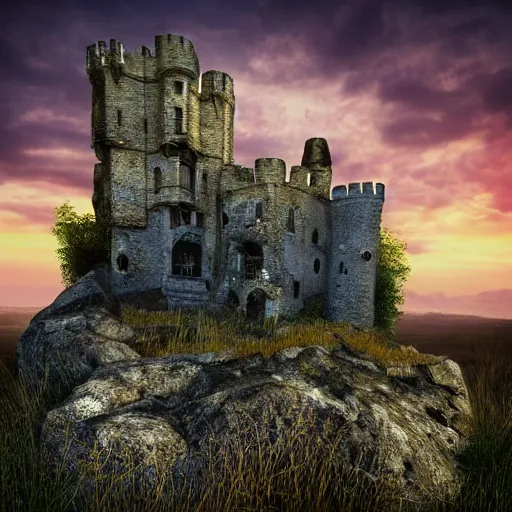 Prompt: | type : 3 d render | style : fantasy, detailed, hyperrealism | subject : a crumbling castle on a floating boulder | colors : gold and blue and green | scene : sky full of clouds during sunset | subject description : old and beautiful decaying castle | lighting : golden sunset | emotion : warm, peaceful | params :