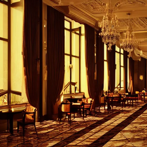 Image similar to luxury interior of a victorian hotel volumetric light morning cinematic photo,