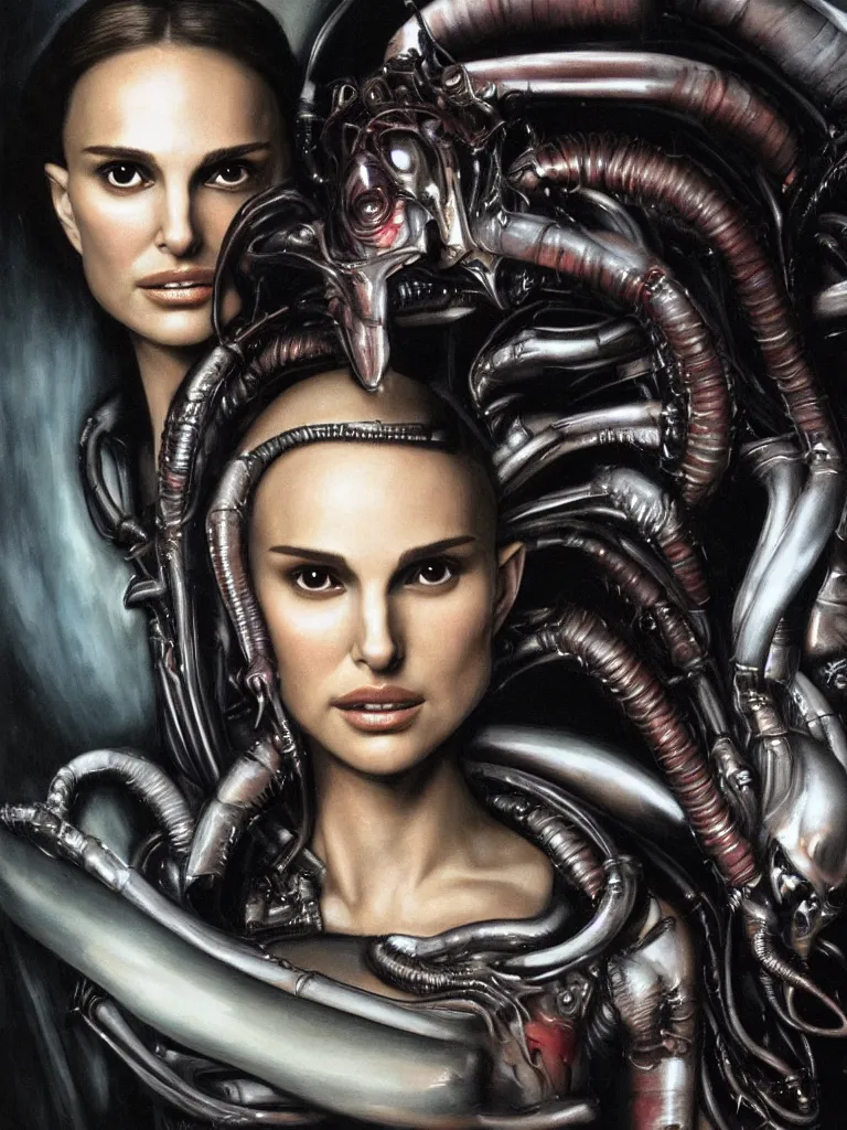 Image similar to a beautiful portrait of natalie portman with a xenomorph alien queen by h.r. giger, detailed, proportional, trending on art station, 4k