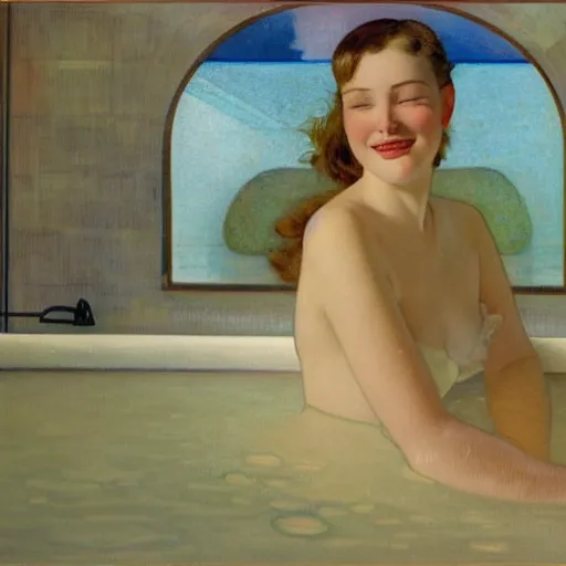 Prompt: dreamy oil painting of young woman in a large bathtub full of milk, smiling with her eyes closed as she washes herself, city lights from art deco window, hopper, mucha, irene patten, manara