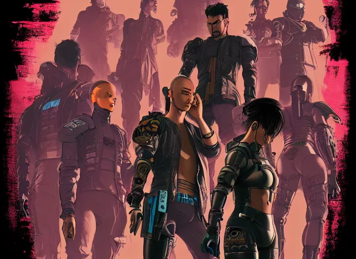 Image similar to cyberpunk samurai kill team. portrait by stonehouse and mœbius and will eisner and gil elvgren and pixar. character design. realistic proportions. cyberpunk 2 0 7 7 character art, blade runner 2 0 4 9 concept art. cel shading. attractive face. thick lines. the team. diverse characters. shadowrun. artstationhq.