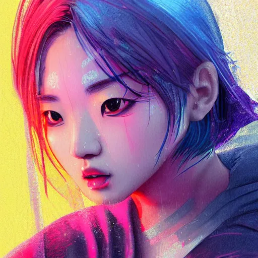 Image similar to a digital painting of a korean woman in the rain with blue hair, cute - fine - face, pretty face, cyberpunk art by sim sa - jeong, cgsociety, synchromism, detailed painting, glowing neon, digital illustration, perfect face, extremely fine details, realistic shaded lighting, dynamic colorful background