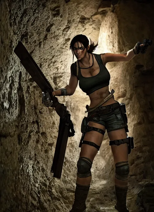 Prompt: Lara Croft raiding a Tomb, intricate details, cinematic photo